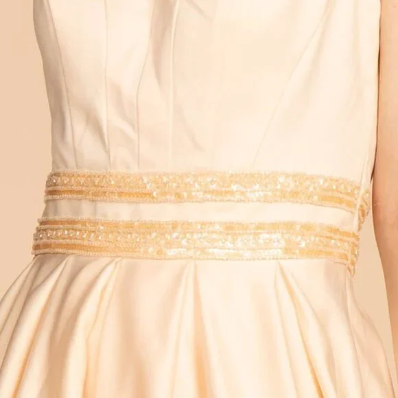 NEW LONG SLEEVELESS A-LINE SATIN DRESS WITH SCOOP NECKLINE AND SHEER BACK GL2531 - Picture 5 of 10